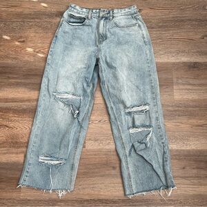 Pretty Little Thing Distressed Blue Denim Wide Leg Ripped Jeans Size 6